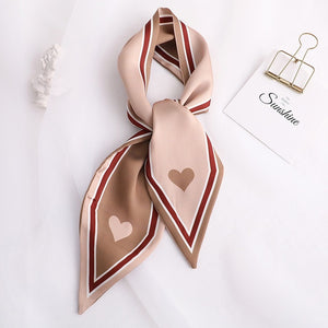 Sweet Love Print Women Small Silk Scarf Handle Bag Ribbons Female Head Scarves Sharp angle Green  90*10cm
