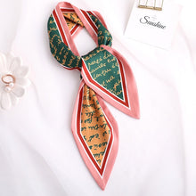 Load image into Gallery viewer, Sweet Love Print Women Small Silk Scarf Handle Bag Ribbons Female Head Scarves Sharp angle Green  90*10cm

