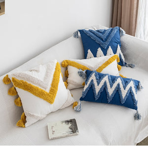Handmade Cushion Cover Moroccan Style Abstract Zigzag Navy Blue Pillowcase Tassels Fringe Square Rectangle Pillow Cover 45x45cm/30x50cm Home Decoration Mustard