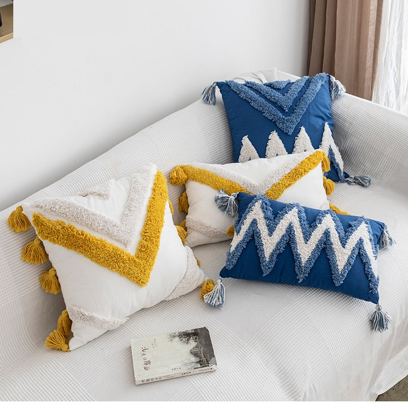 Handmade Cushion Cover Moroccan Style Abstract Zigzag Navy Blue Pillowcase  Tassels Fringe Square Rectangle Pillow Cover 45x45cm/30x50cm Home