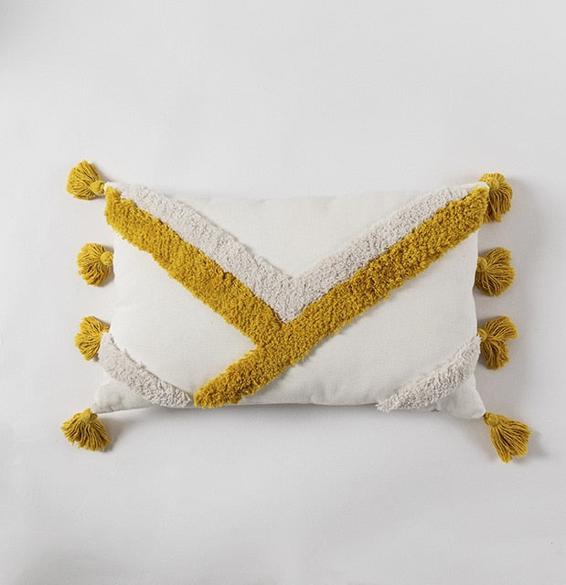Handmade Cushion Cover Moroccan Style Abstract Zigzag Navy Blue Pillowcase Tassels Fringe Square Rectangle Pillow Cover 45x45cm/30x50cm Home Decoration Mustard