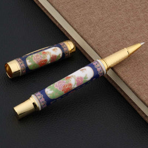 Chinese Cloisonne Porcelain Penoy Flower Golden gift Trim Roller ball Pen