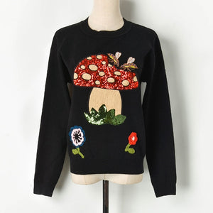 Boho Anthro Sequined Mushroom  Knitted Sweater