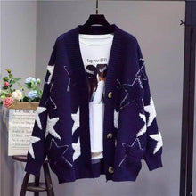 Load image into Gallery viewer, Top women&#39;s knitted jacket cardigans 2021 autumn winter new loose and versatile stitching star mid-length sweater cardigan
