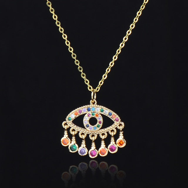 Lucky Eye Fatima Hamsa Hand Turkish Evil Eye Pendant Necklace Gold Color Long Chain Necklace for Women Girls Fashion Jewelry
