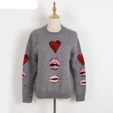 Load image into Gallery viewer, Designer  Gray  Love Jacquard  Loose Sweater

