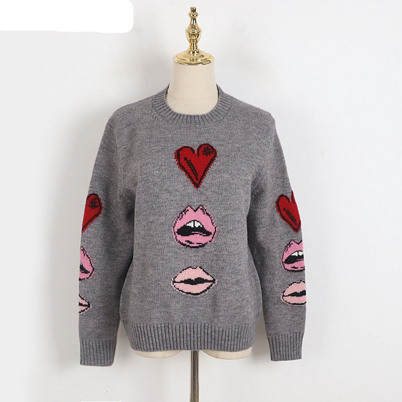 Designer  Gray  Love Jacquard  Loose Sweater