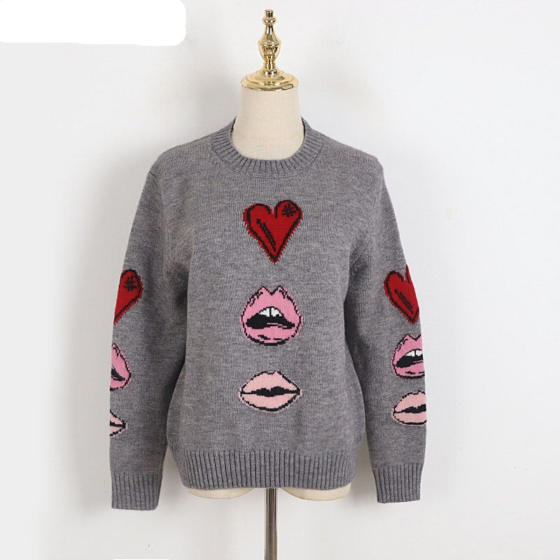 Designer  Gray  Love Jacquard  Loose Sweater