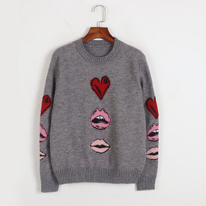 Designer  Gray  Love Jacquard  Loose Sweater